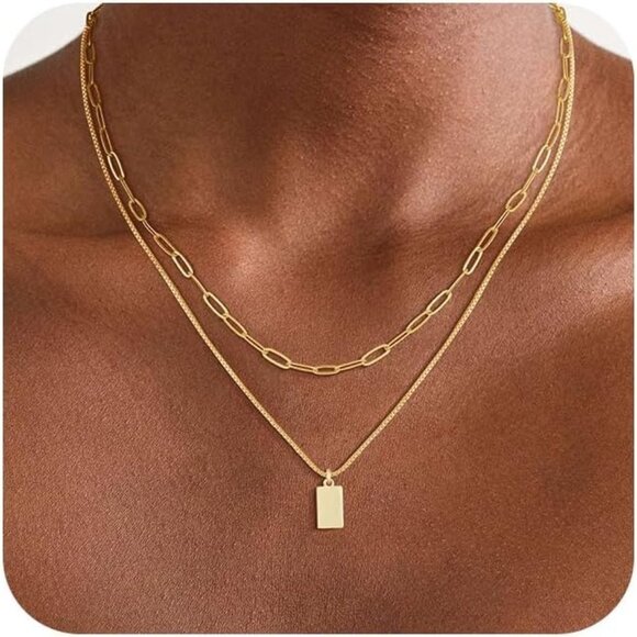 14K Gold Plated Layered Necklace Women Men Sweatproof Chunky Herringbone Chain - Picture 1 of 7